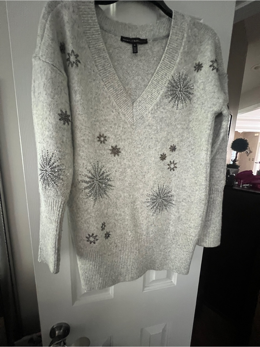 White House Black Market Light Gray V-Neck Sweater with Starburst Embellishments
